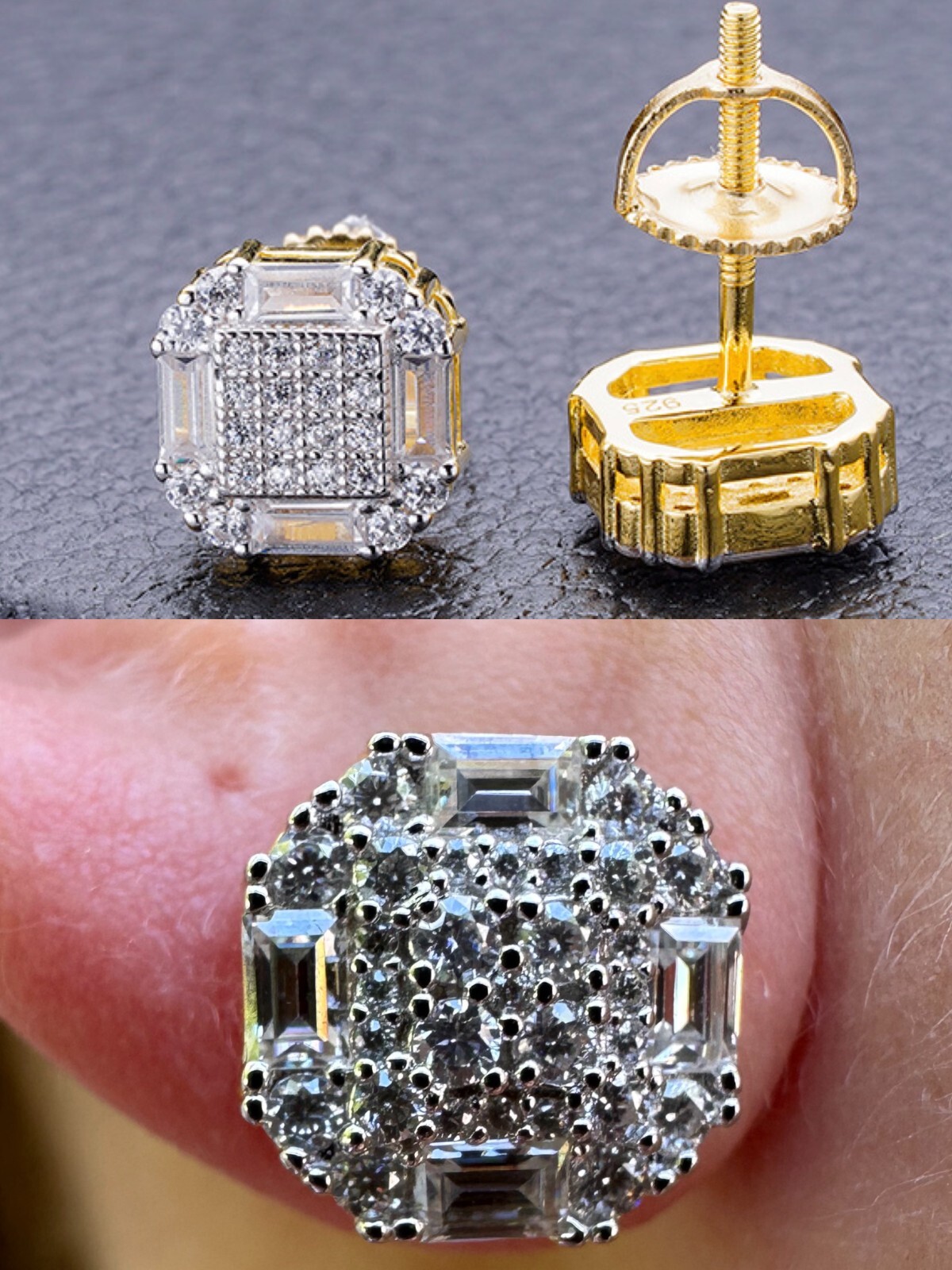 Screwback Earrings Real 14k Gold Plated 925 Silver CZ Baguette Iced Studs HipHop