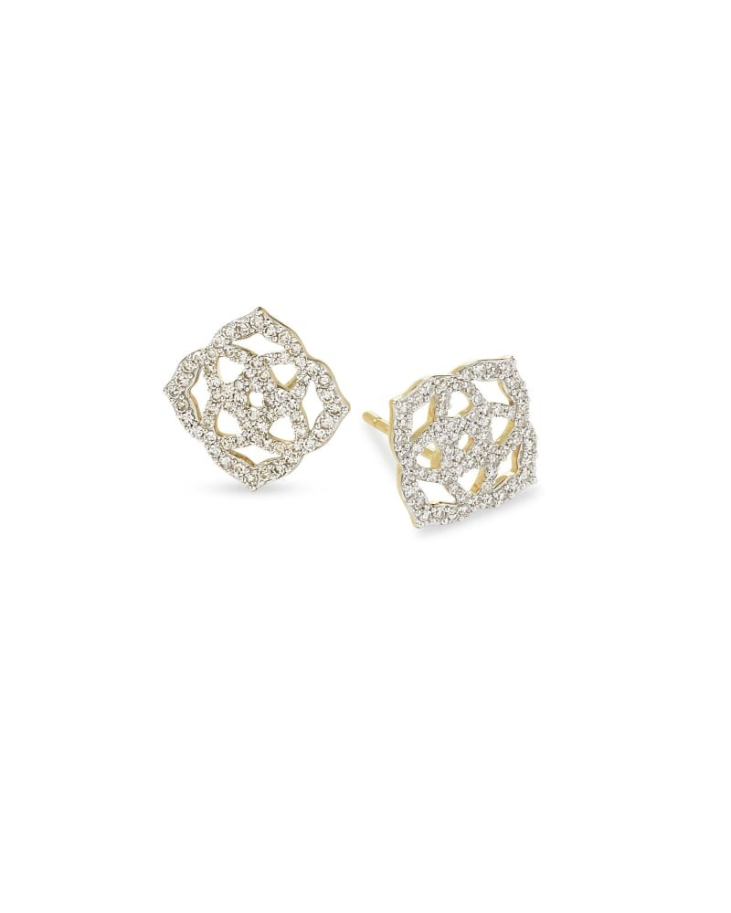 HTF Sparkling Kendra Scott 14kt Yellow Gold Pave Diamond FLEUR Logo Earrings