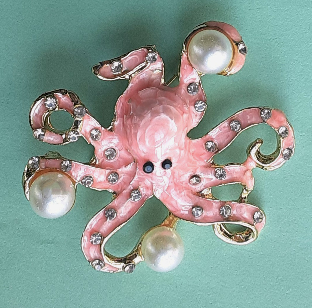 PINK OCTOPUS BROOCH with Glass Pearl GIFT BOX GOLD TONE #BR40