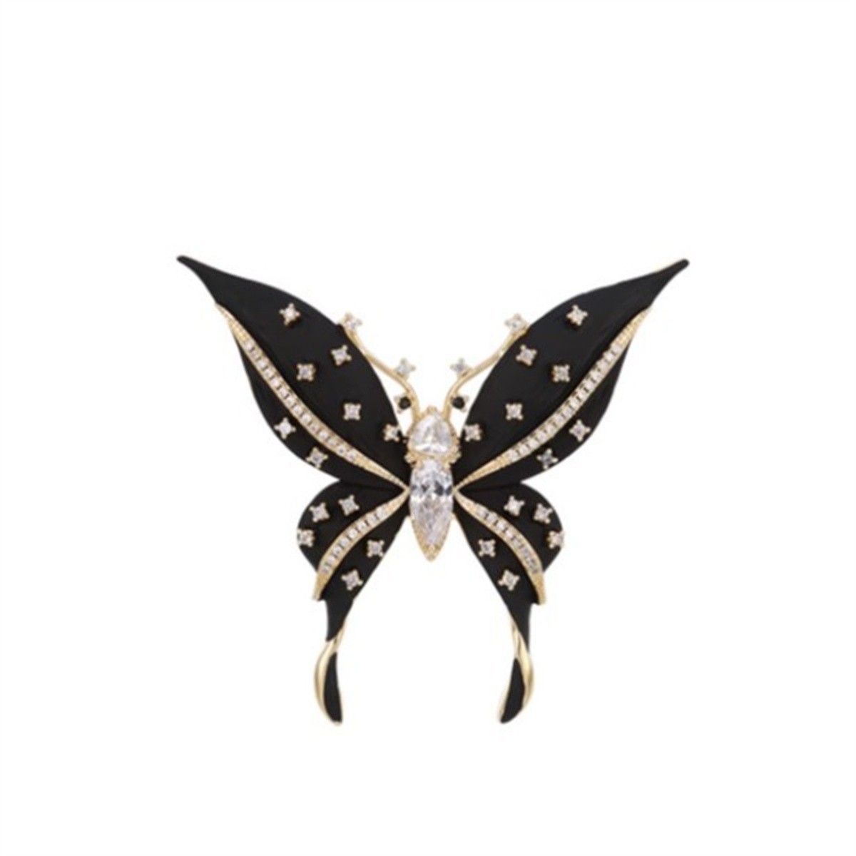 Vintage Black Enamel Butterfly Brooch Gold Tone Crystal Rhinestone Pin