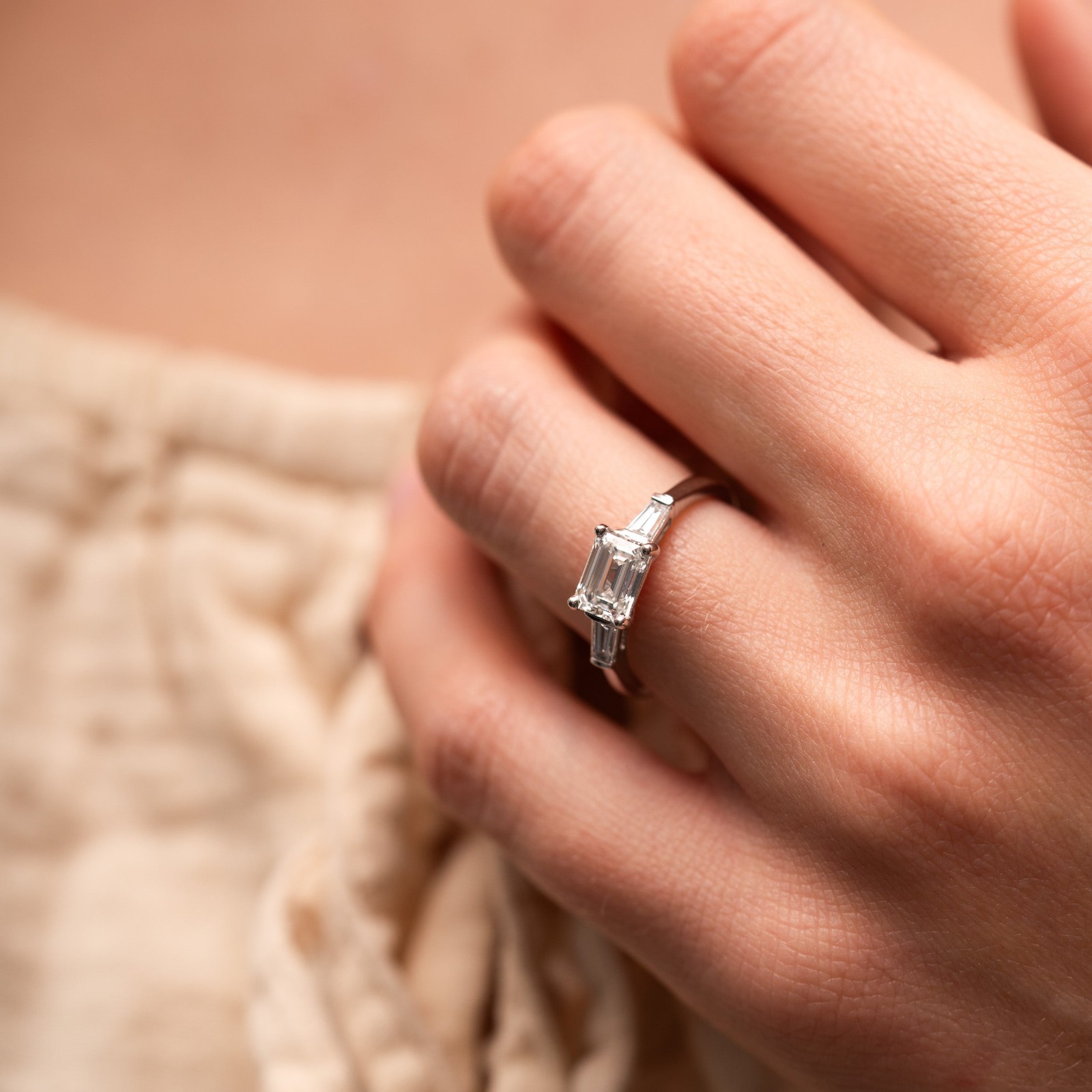 Emerald & Tapered Baguette Cut Lab Created Diamond Cluster Three Stone Ring