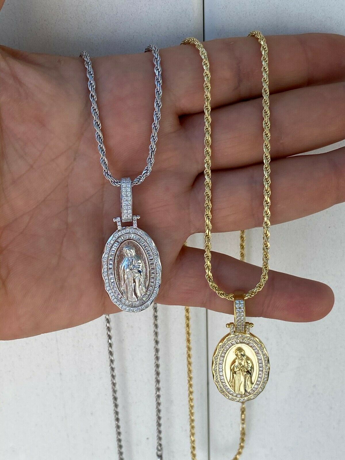 925 Sterling Silver Virgin Mary Necklace Pendant CZ Medallion Icy Chain Baguette