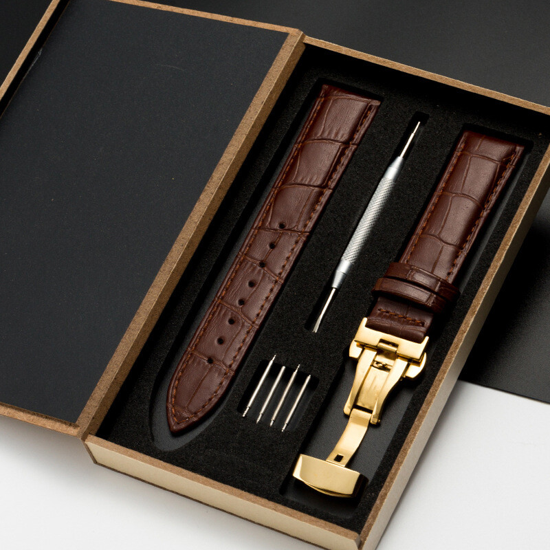 High Quality Cowhide Genuine Leather Watch Straps Butterfly Clasp Band 12-24mm