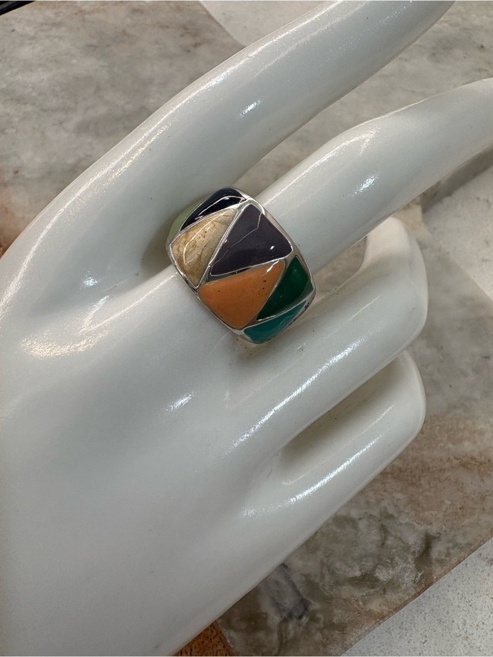 Multicolor Geometric Inlay Ring Green, Orange, Cream, Blue, Purple – Size 8.5