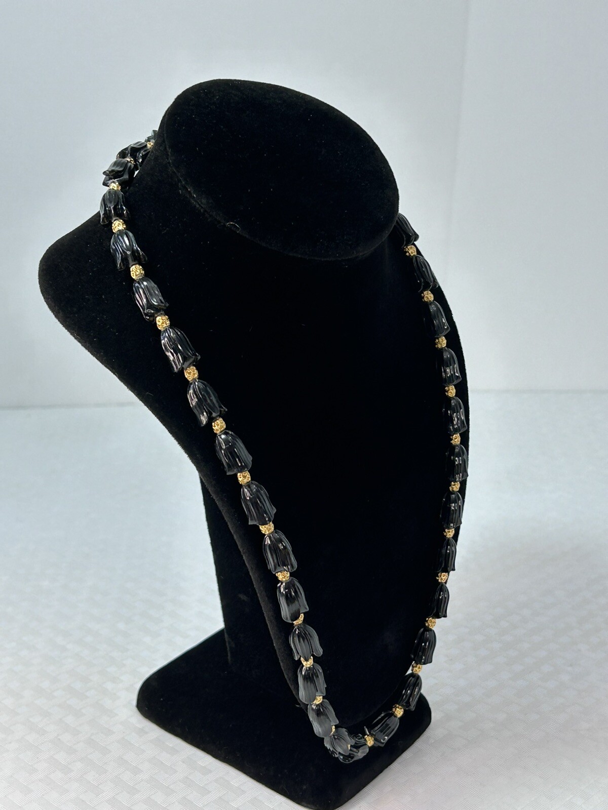 Vintage Black Tulip Shaped & Gold Bead Granny MCM Special Occasion Necklace