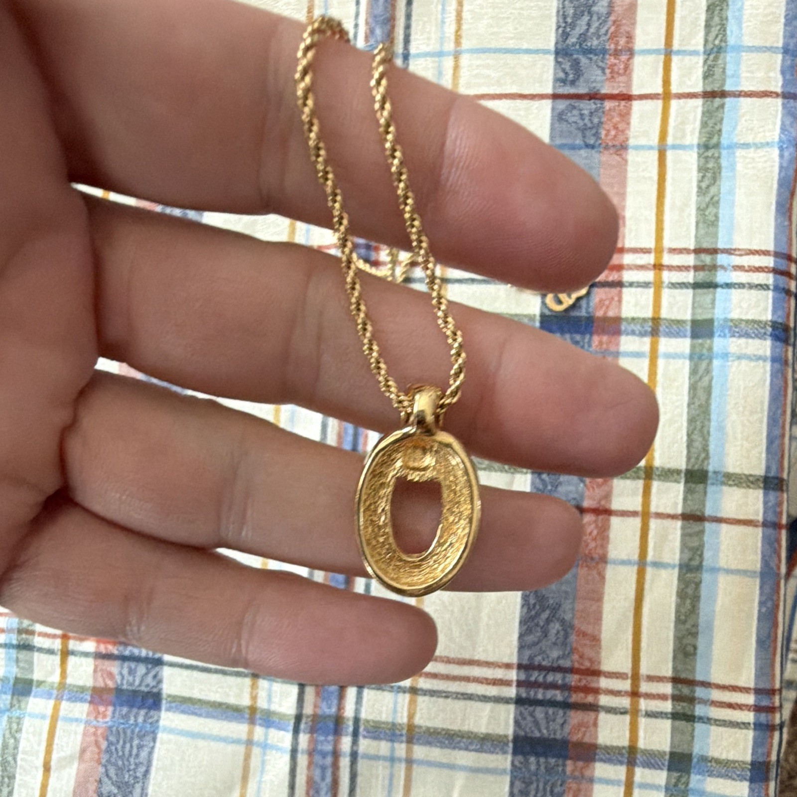 Dior Signed Gold Tone Rope Chain Oval Pendant Pavé Clear Crystal Necklace