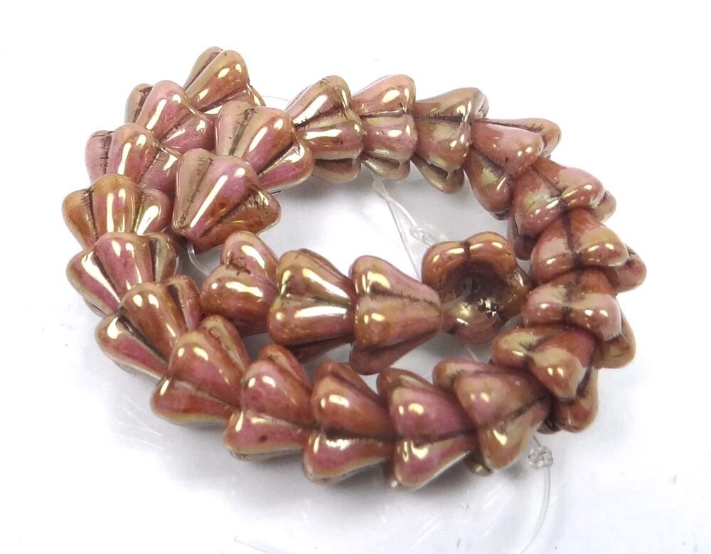 25 Czech Glass Baby Bell Flower Beads – Luster – Opaque Rose/Gold Topaz 8x6mm