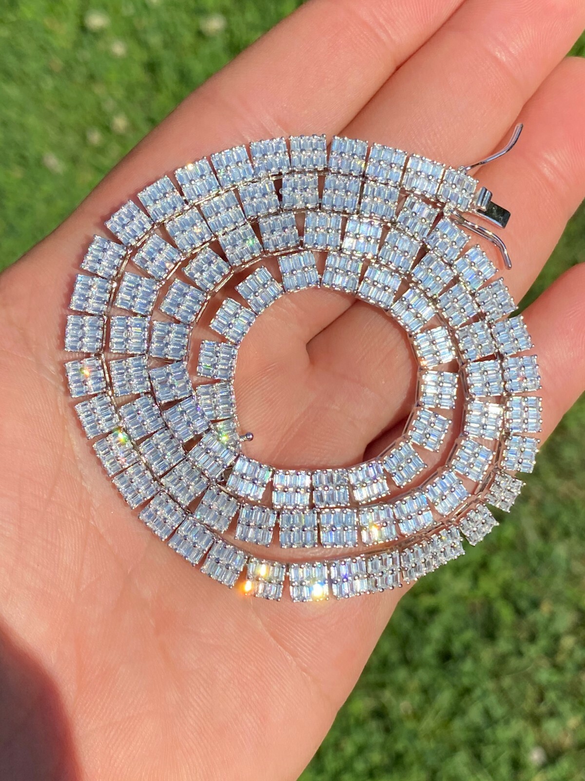 SOLID 925 Sterling Silver Baguette Tennis Chain ICED CZ Necklace 5mm Hip Hop