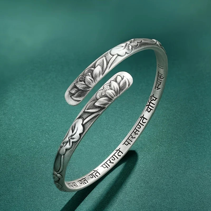 Vintage 925 Thai Silver Lotus Flower Cuff Bracelet for Women Om Mani Padme Hum B