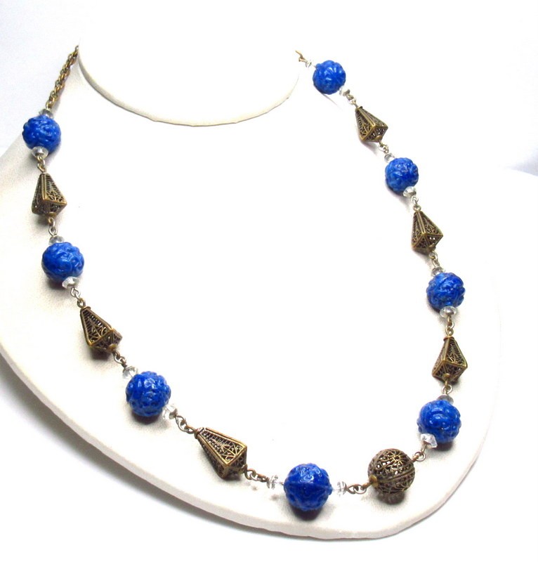 Art Deco Neiger Carved Lapis Glass Necklace