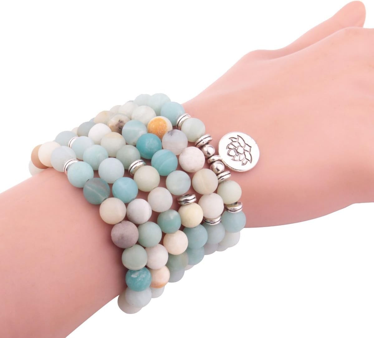 8mm 108 Mala Beads Bracelet Necklace Lotus Charm Amazonite Gemstone Yoga Jewelry