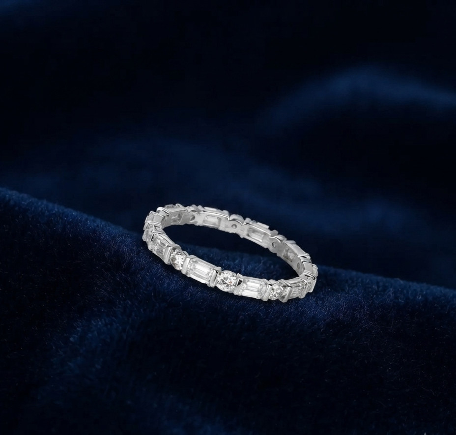 0.78 CT Baguette & Round Bar Set Moissanite Wedding Band 14K White Gold Plated