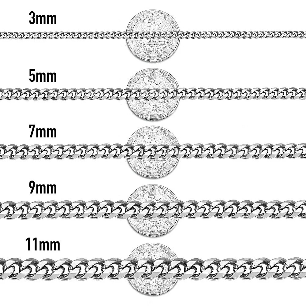 16-30″ Stainless Steel Silver Chain Cuban Curb Necklace 3/5/7/9/11mm Womens Mens