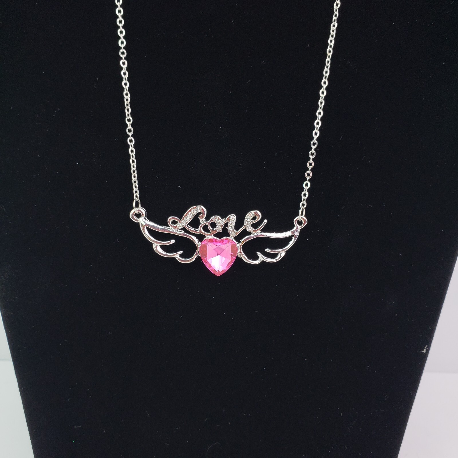 Unbranded Fashion Heart Wings Love Silver Pink Rhinestone Pendant Necklace