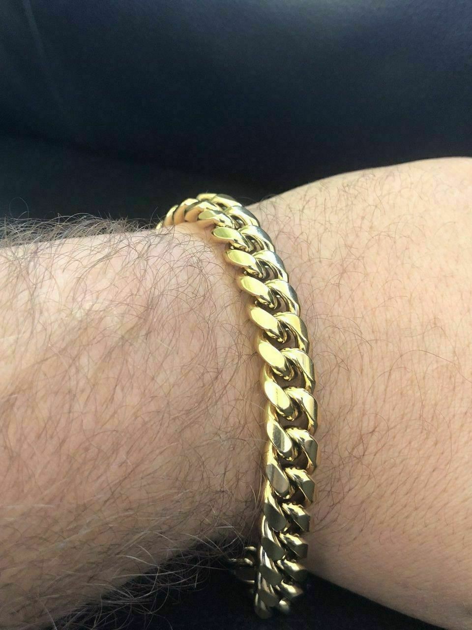 10mm Mens Miami Cuban Link Bracelet & Chain Set 14k Gold Plated Stainless Steel