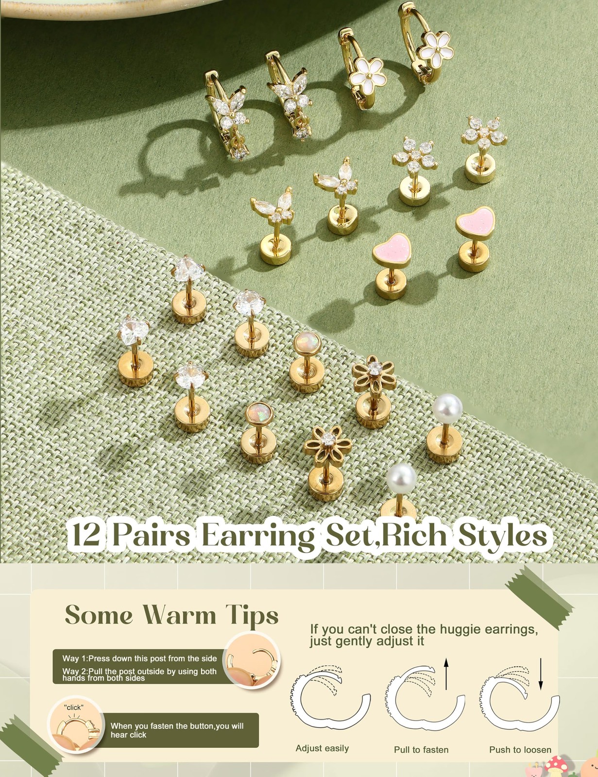 20G (0.8mm diameter, 6mm post length), 14K Gold Plated + Butterfly Hoops