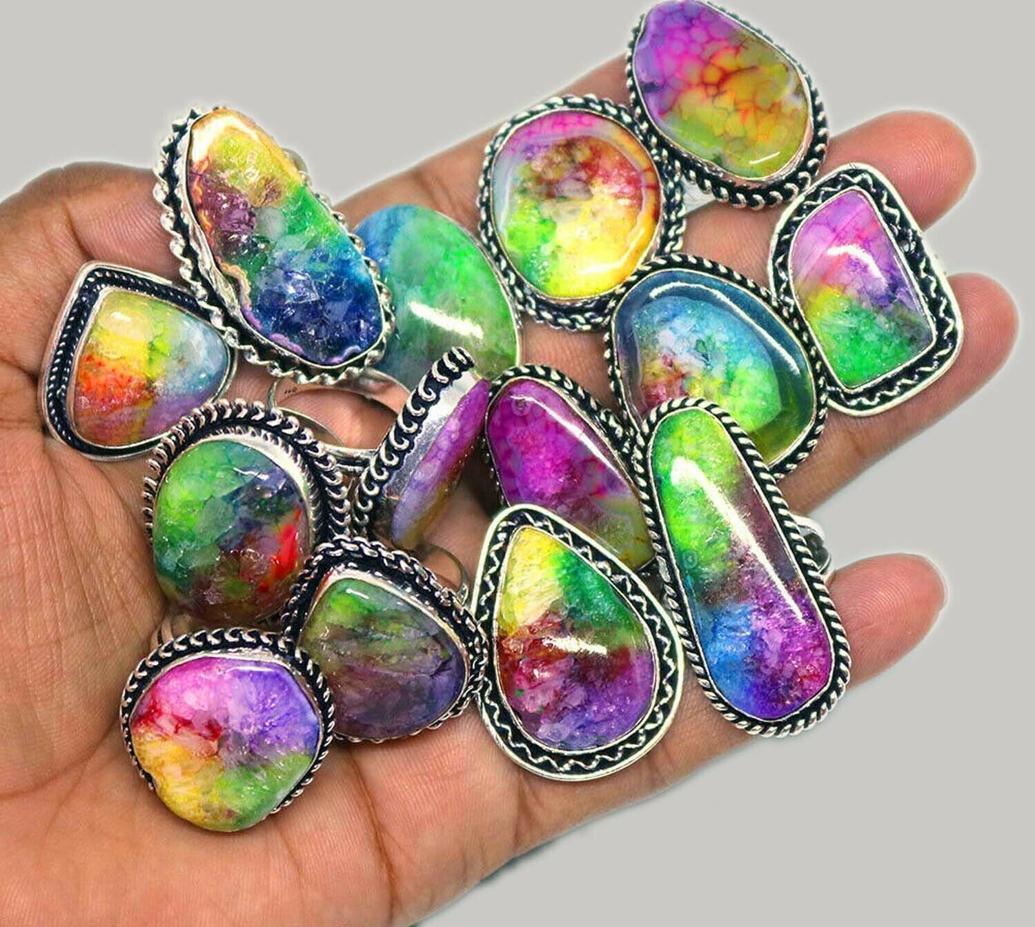 Rainbow Solar Quartz Gemstone 925 Sterling Silver Plated Wholesale Lot Rings