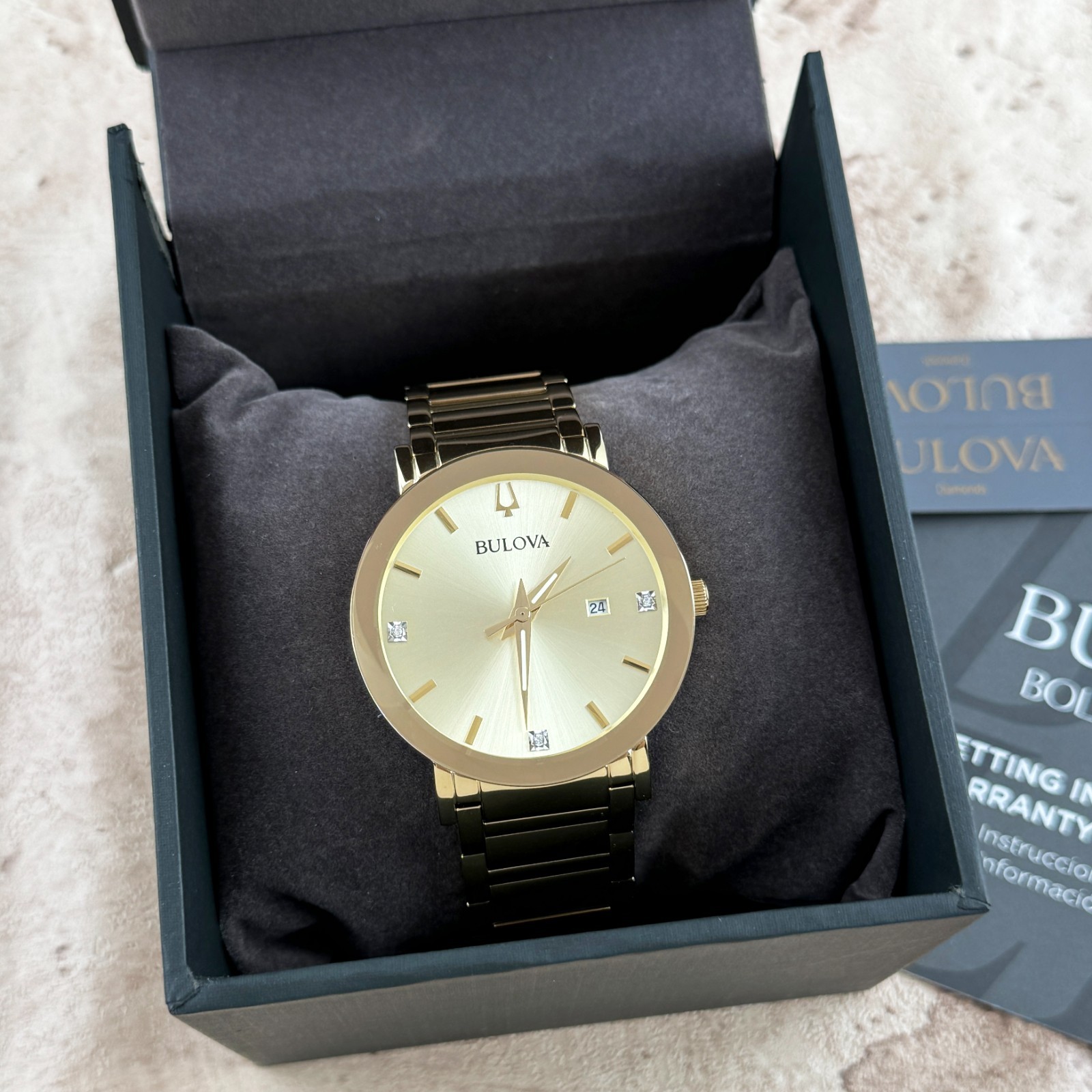New Bulova Futuro Modern Quartz Gold Dial Chronograph Men’s Watch 97D115 42MM