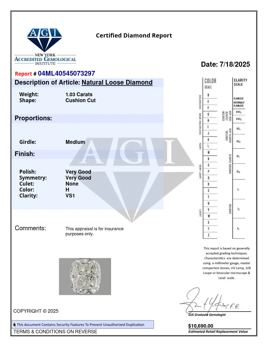 Cushion Cut 1.03 Carat Cert. AGI Natural Mined Diamond Loose H color VS1 clarity