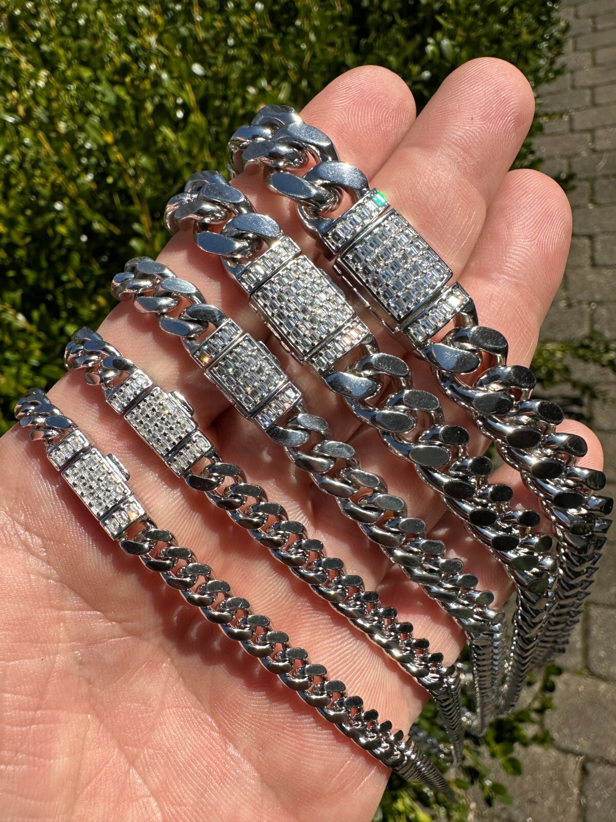 Baguette MOISSANITE Real Miami Cuban Link Chain Necklace Or Bracelet 925 Silver