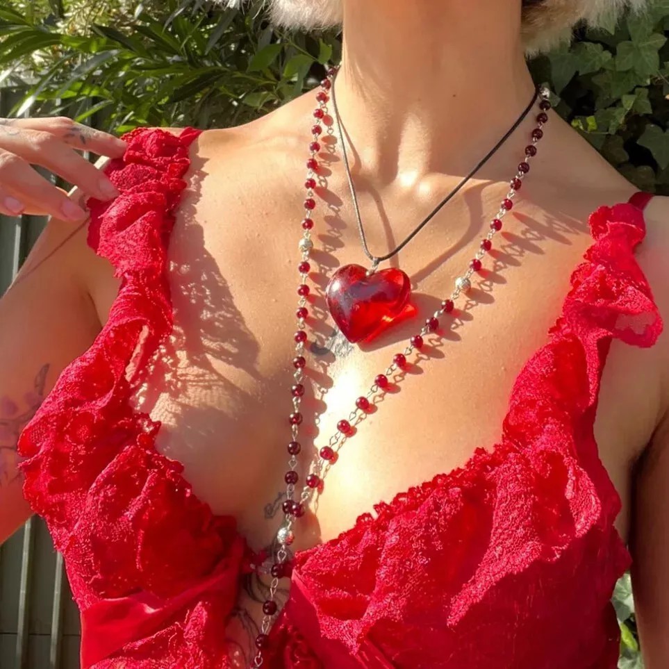 Large Red Heart Pendant Necklace 42mm Y2K Statement Jewelry Romantic Gift