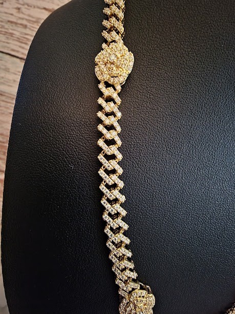 18-inch Moissanite Monaco chain with rose embellishment 14k over 925-25grams-7mm