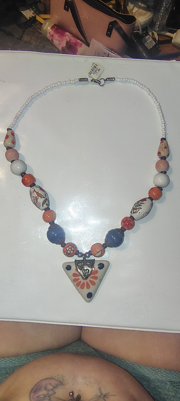 Bohemian Hand Painted Ceramic Beaded Statement Necklace Mixed Floral Motif