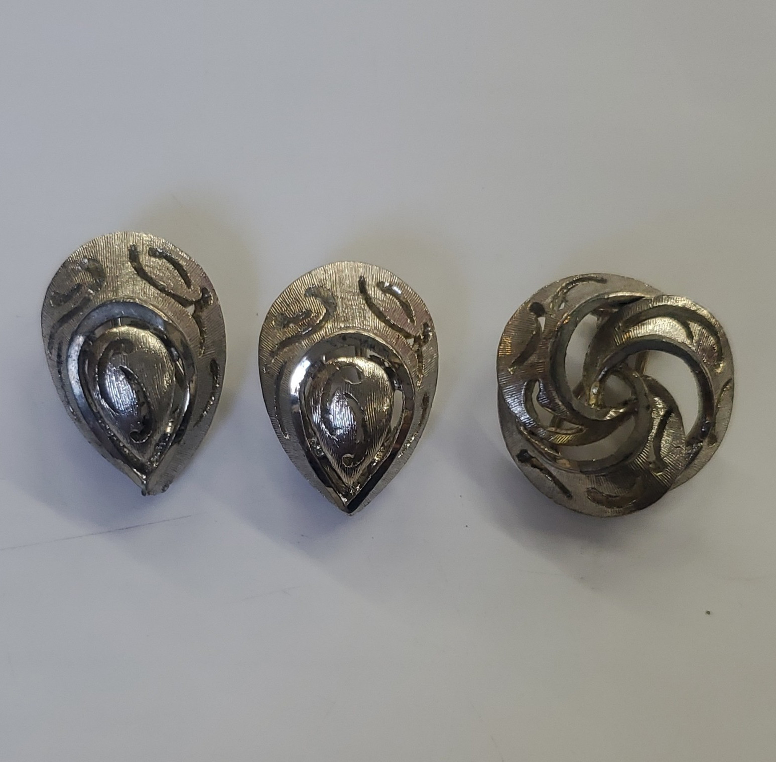 Lot of 3 Silver Tone Clip-On Stud Earrings Set, Swirl & Teardrop Designs