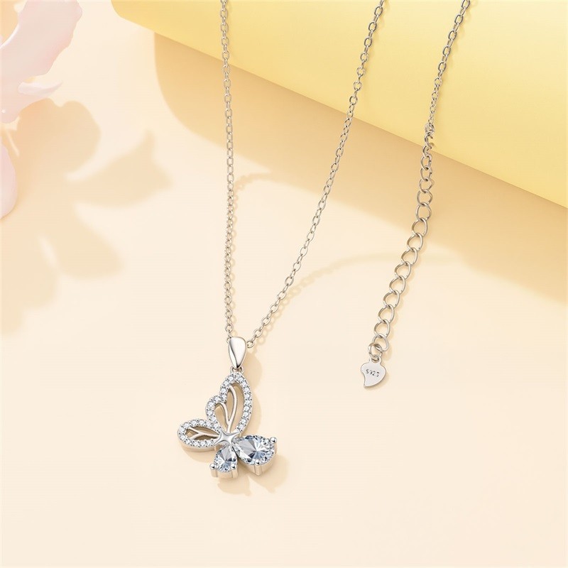KUNSIR 925 Sterling Silver Crystal Butterfly Necklace Women Elegant Gift for Her