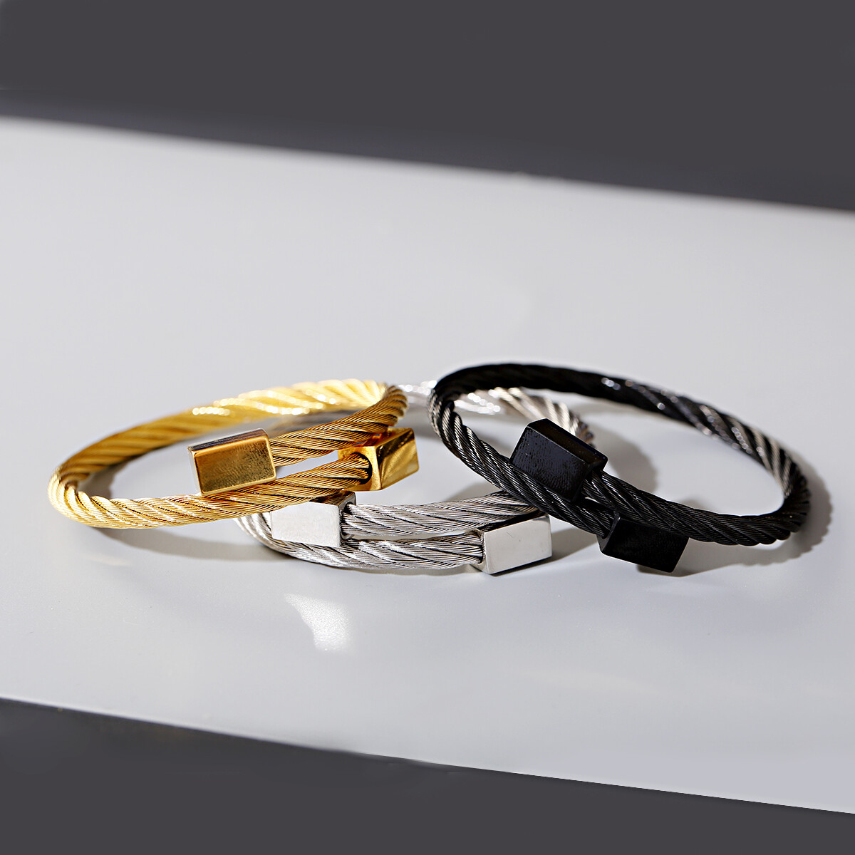 Fashion 316L Stainless Steel Bangle Waven Men Bracelets Adjustable Cuff Jewelry