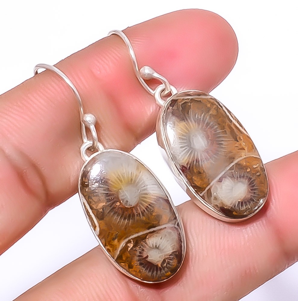 Fossil Coral – Morocco Gemstone 925 Sterling Silver Handmade Earring 1.56″ A37