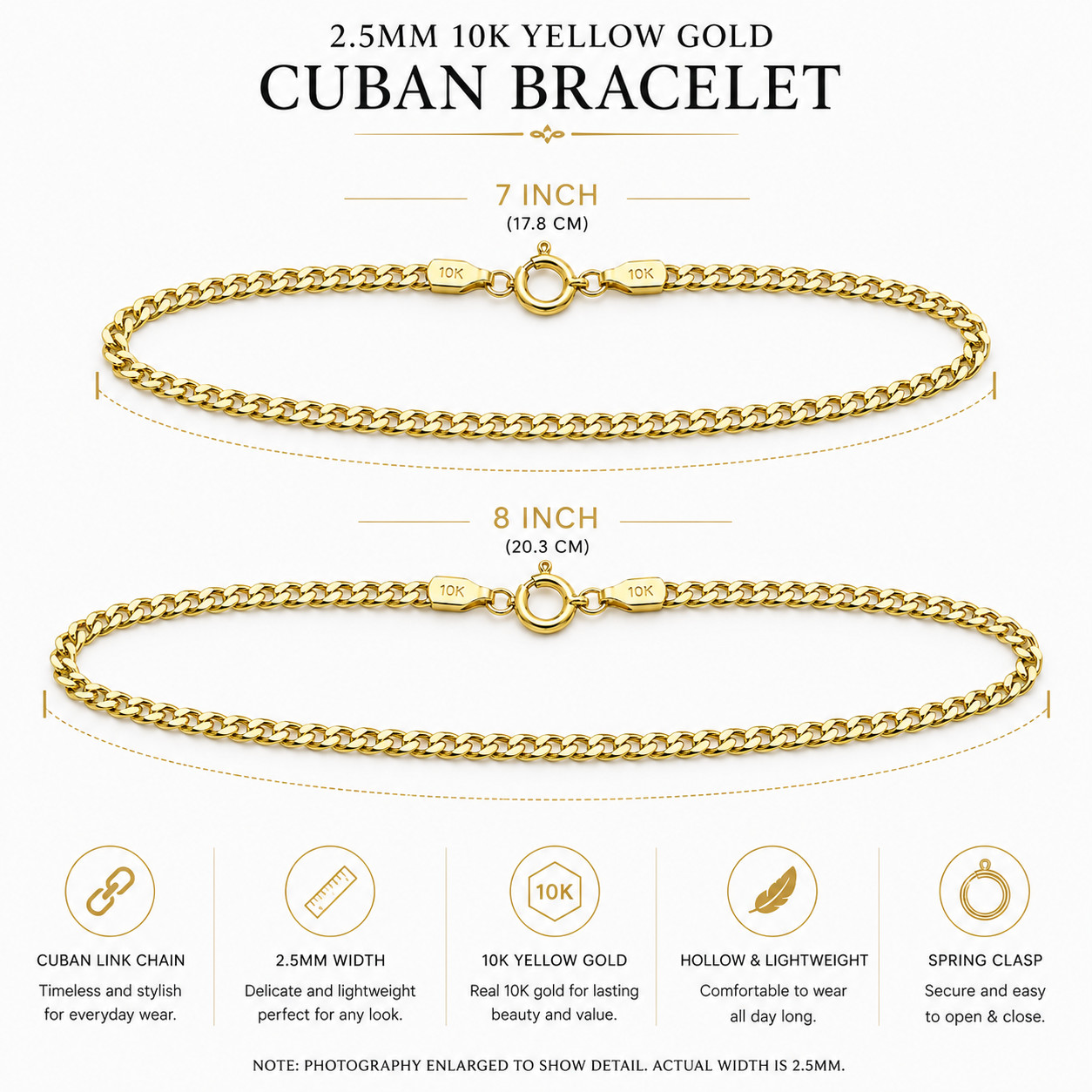 10K Yellow Gold 2.5MM Hollow Cuban Link Bracelet Spring Clasp 7-8″ Mens & Womens