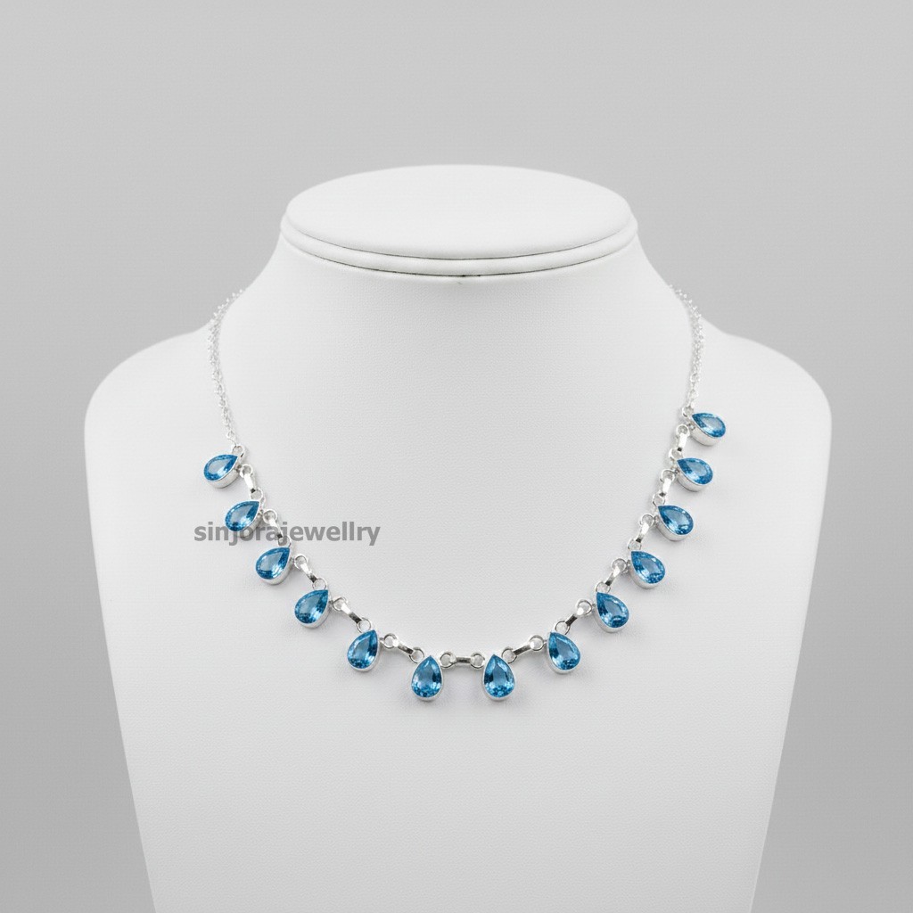 Blue Topaz Gemstone 925 Sterling Silver Handmade Gift Necklace 18″