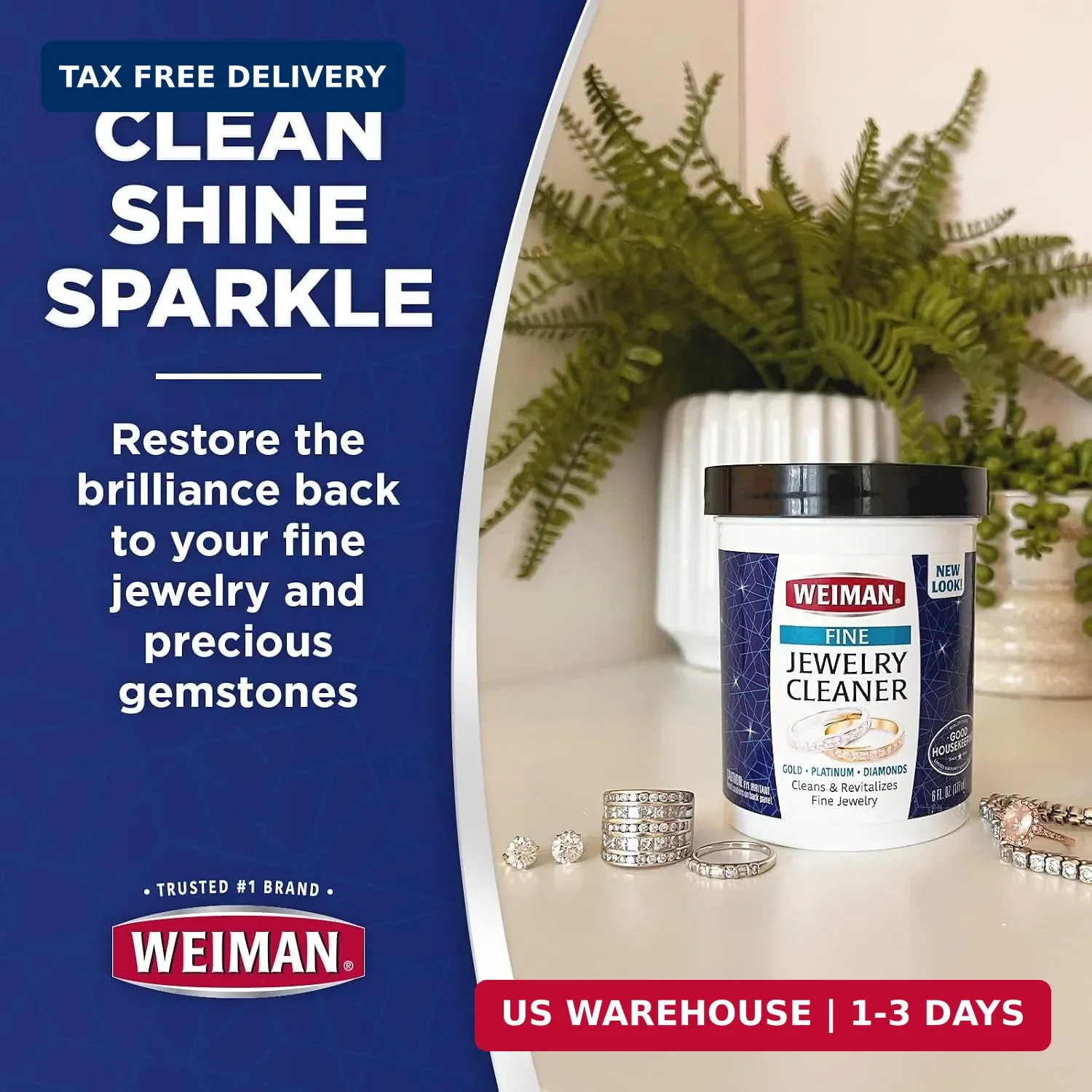 Weiman Fine Jewelry Cleaner Liquid with Cleaning Brush – Restores Shine & Brilli