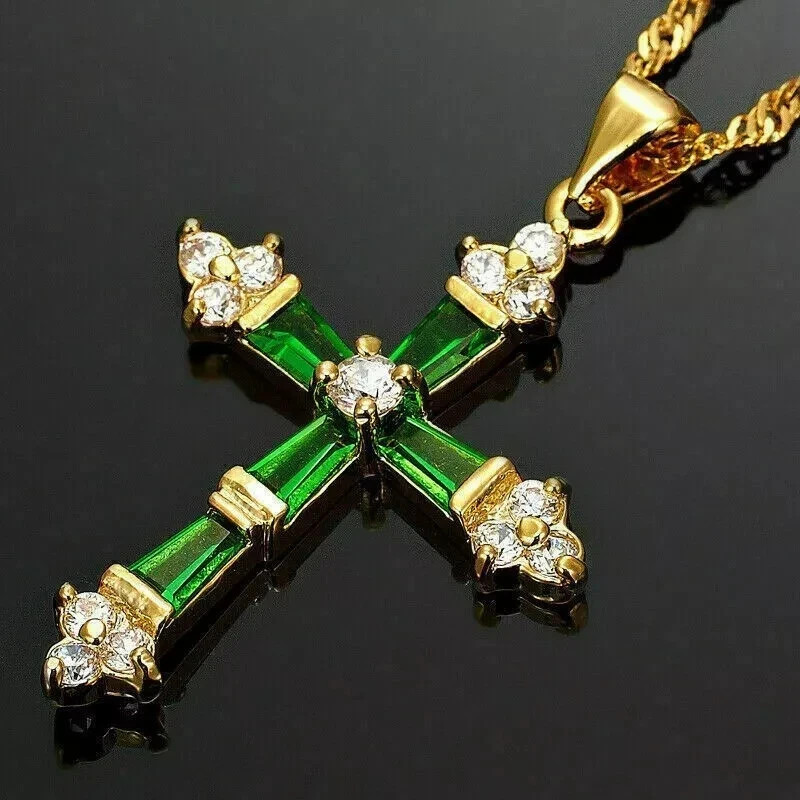 1.50Ct Baguette Simulated Emerald Cross Pendant 18″Chain 14k Yellow Gold Plated