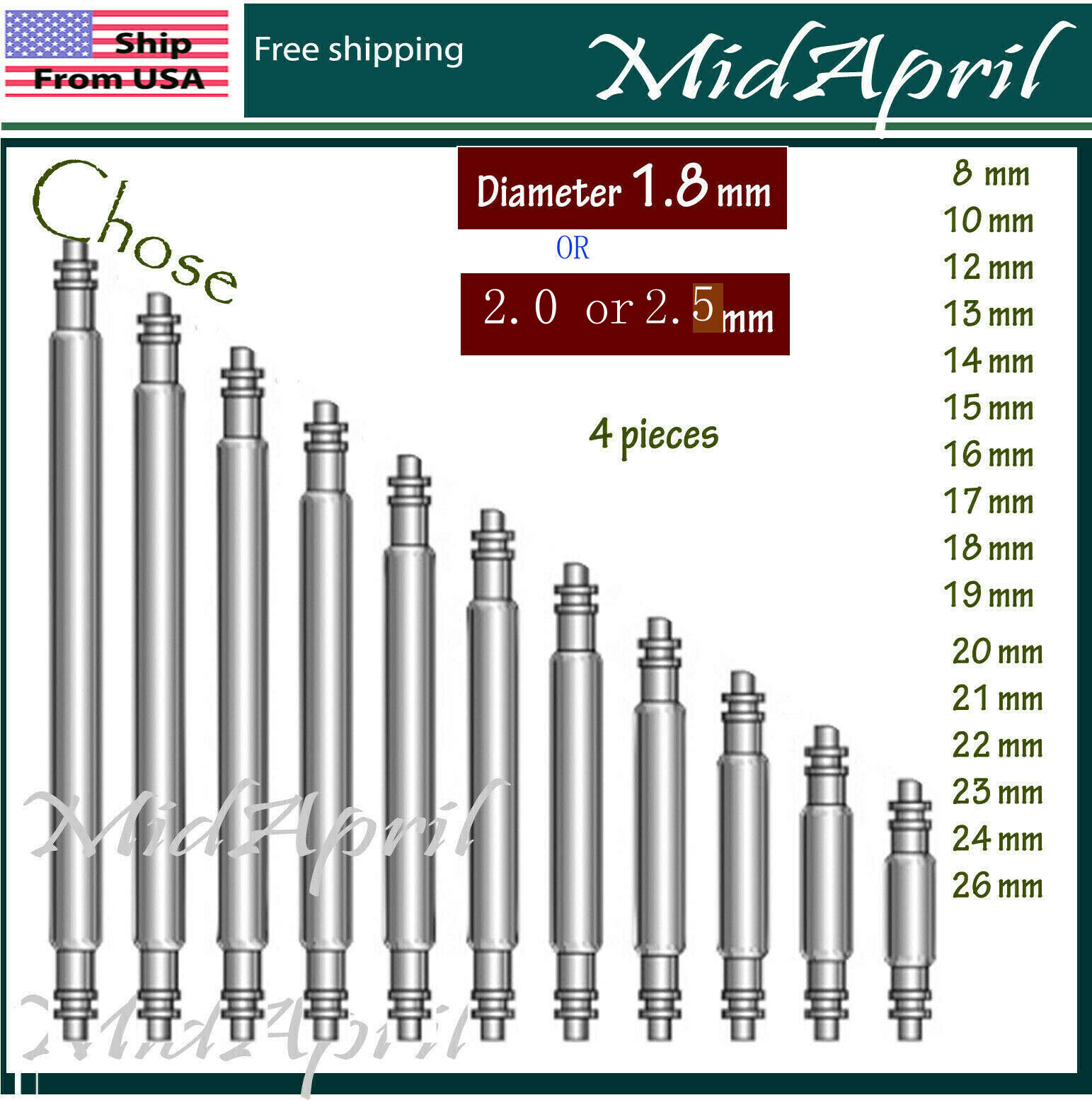 4x Watch Spring Bar Watchband Stainless Steel -Diameter 1.8mm or 2.0mm or 2.5mm