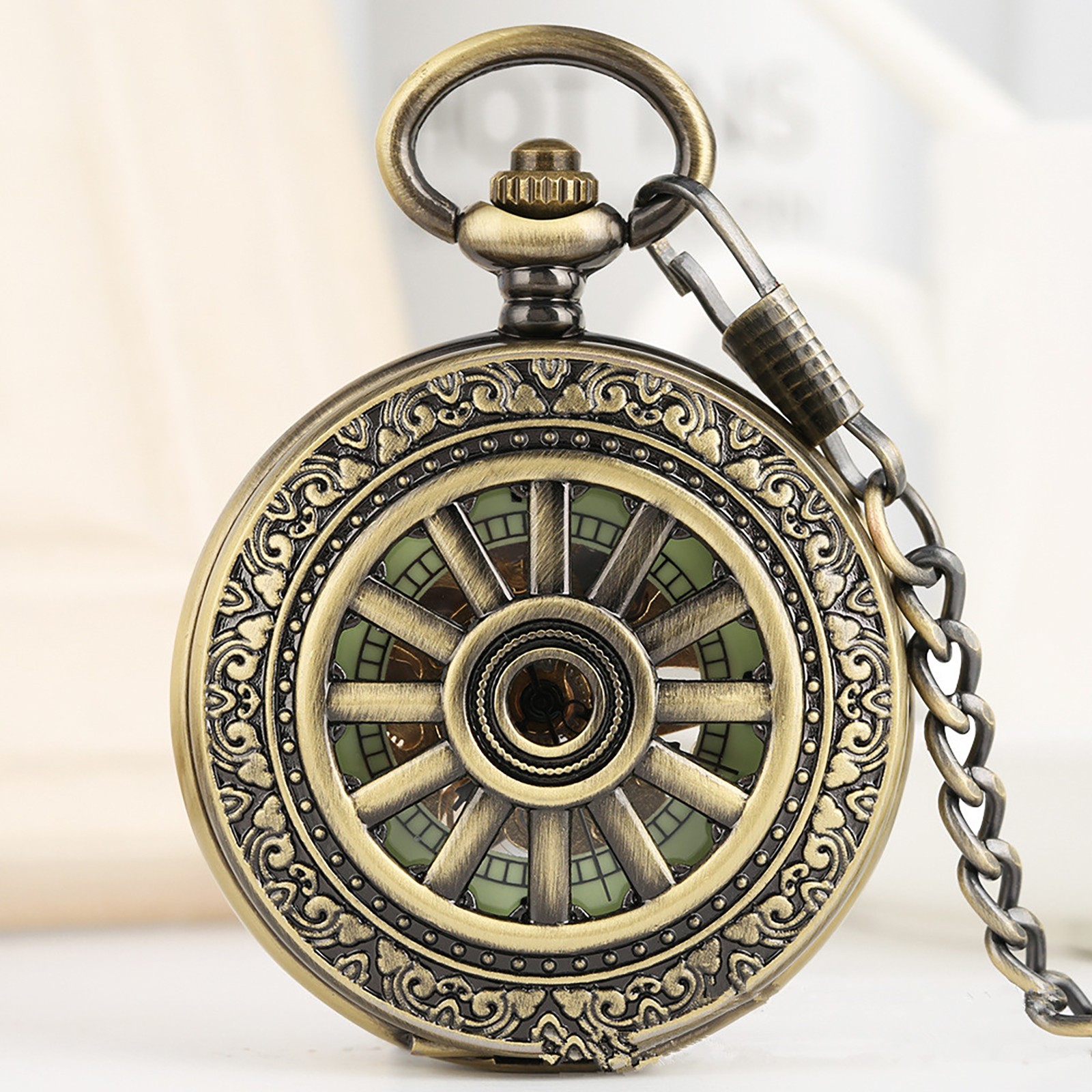 Luxury Classic Mechanical Black Steampunk Skeleton Pocket Watch with Chain