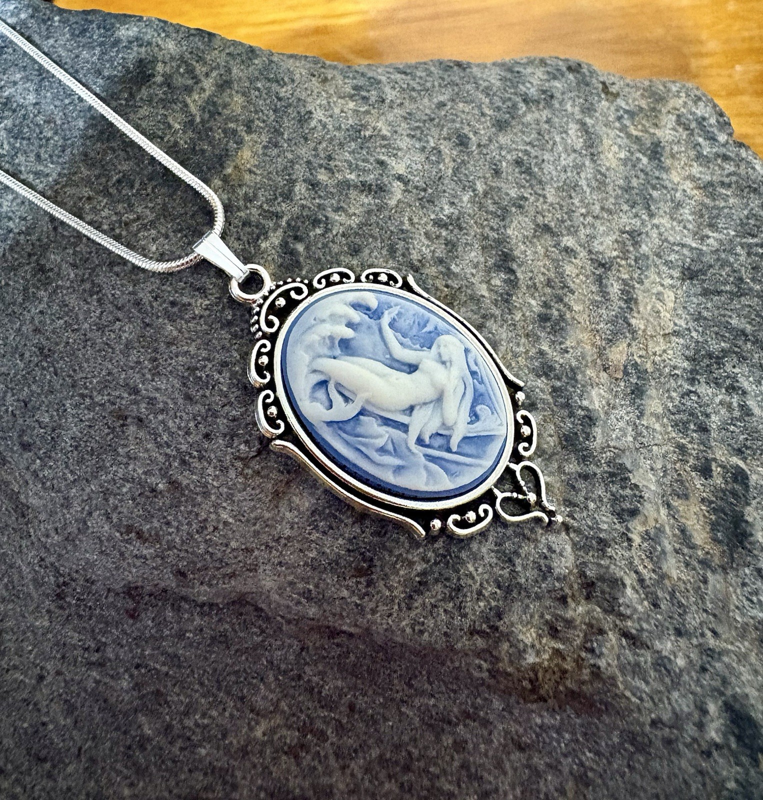 Mermaid Necklace Wedgwood Blue colored Cameo Vtg Pendant, Sterling Silver Chain
