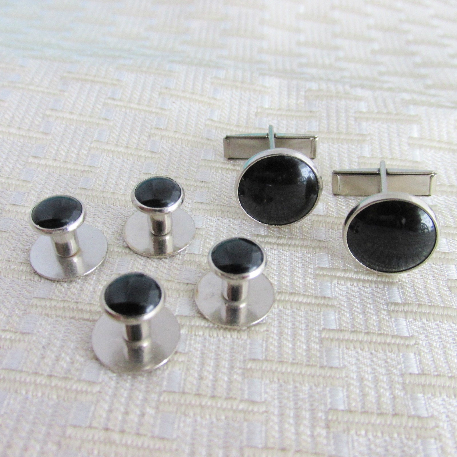 Faux Onyx Silver Plated Cufflinks + 4 Studs Set Wedding Prom Special Occasion