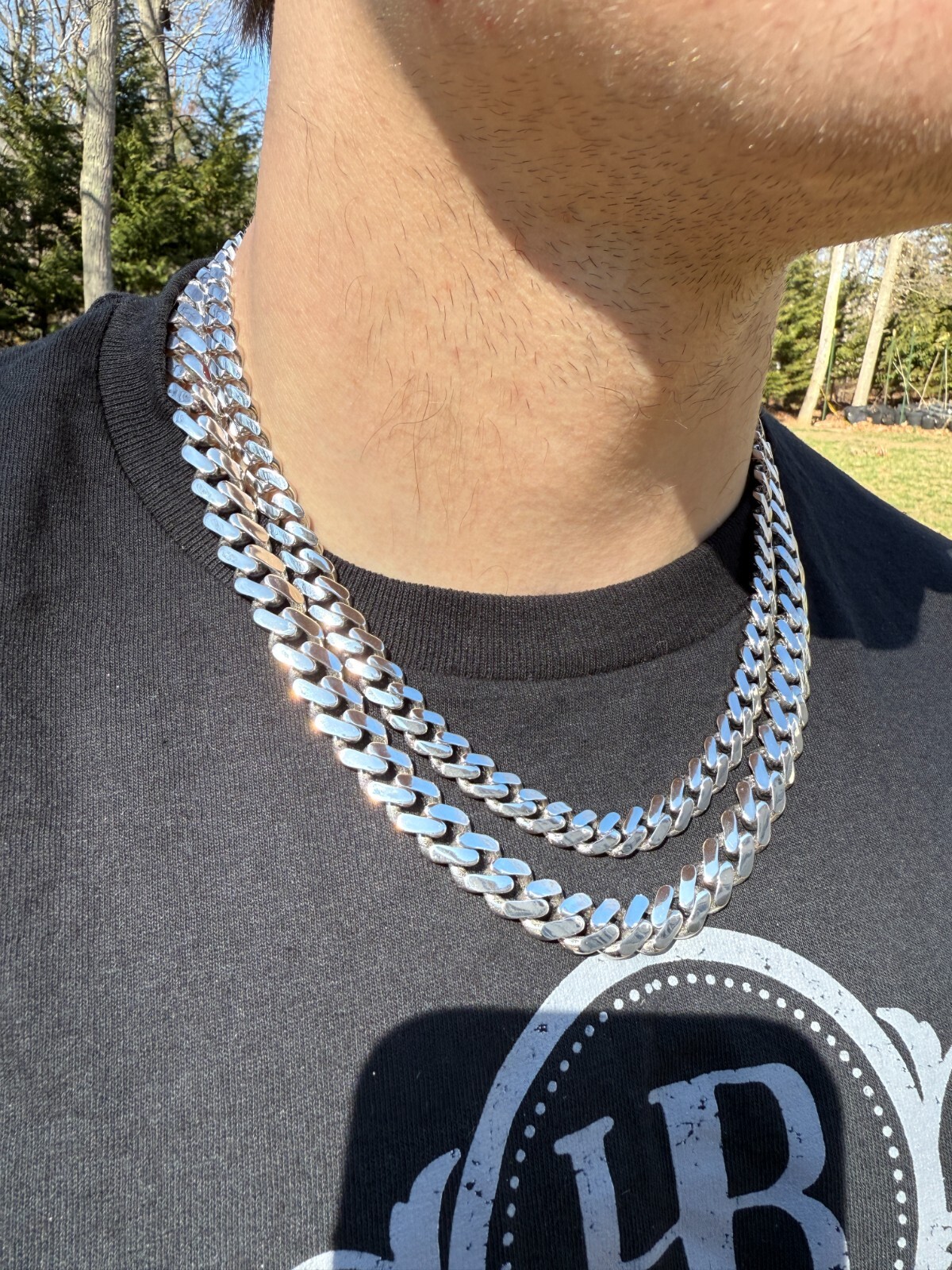 Monaco Cuban Link Chain Necklace Hollow Real 925 Sterling Silver 9-15mm Rhodium
