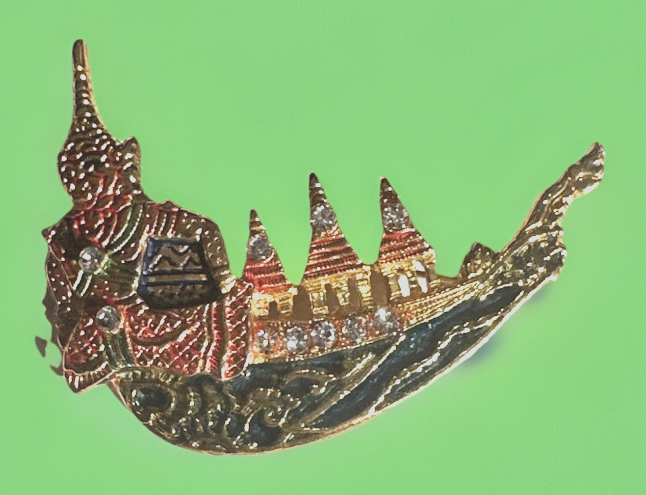Brooch Pin Siam Gondola Thai Gold Rhinestones Enameled Vintage 2.5″