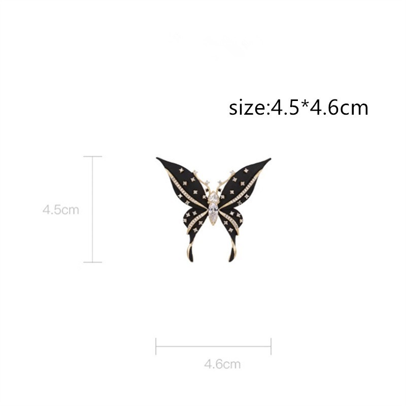 Vintage Black Enamel Butterfly Brooch Gold Tone Crystal Rhinestone Pin
