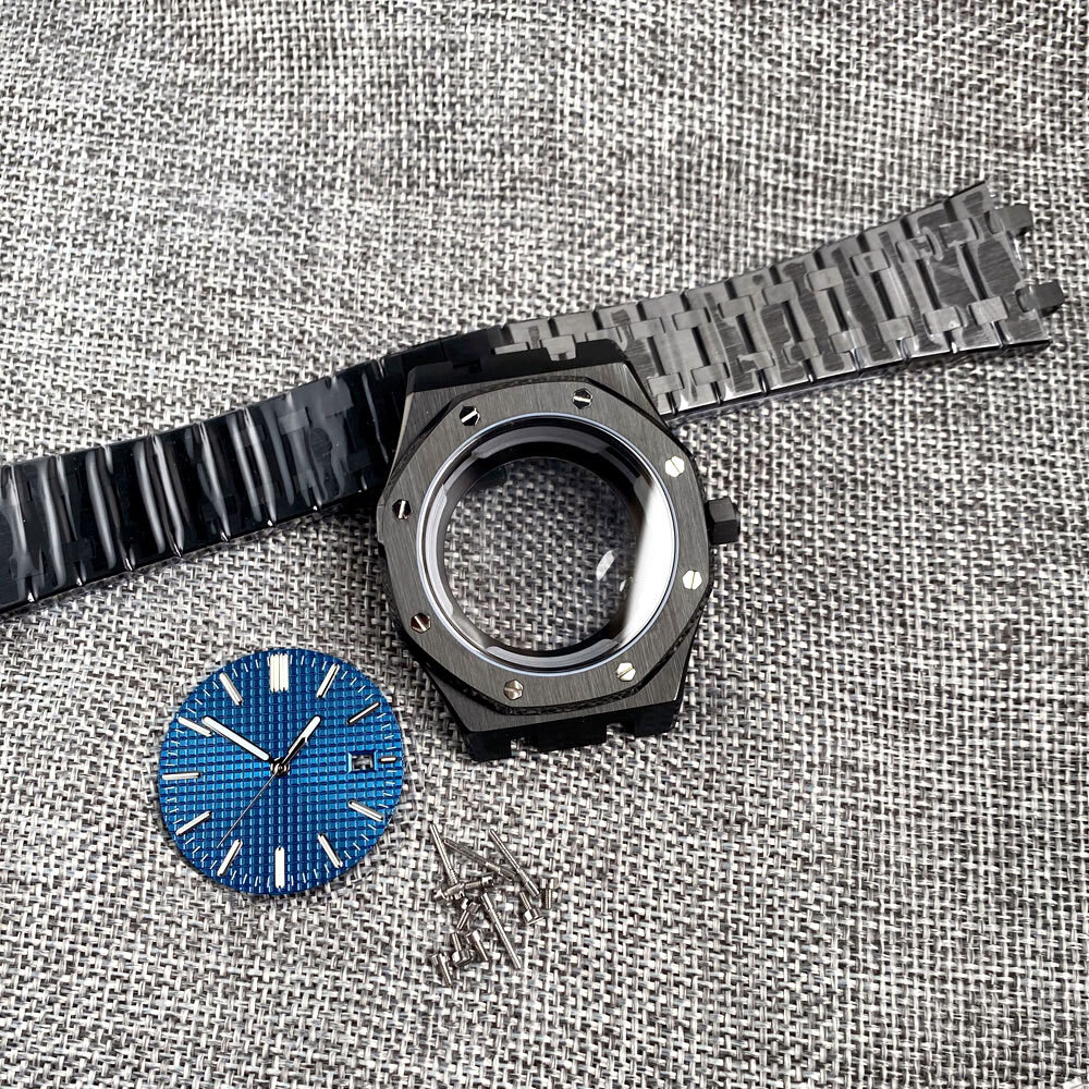 42mm Brushed Watch Case Bracelet 31.7mm Black Blue Dial Fit NH35 NH36 Sapphire