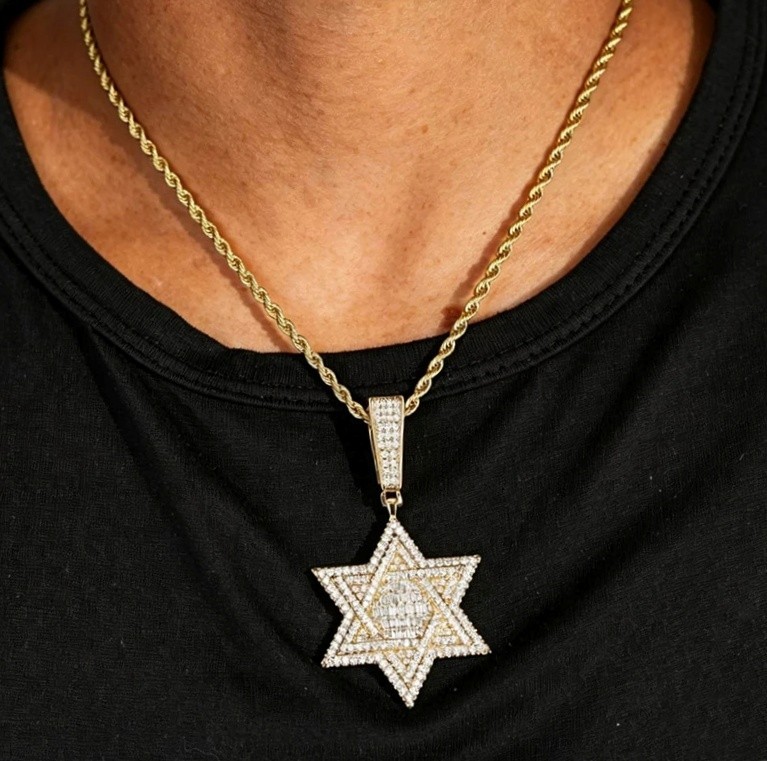 Hip Hop Star of David Pendant Necklace 5A CZ Iced Bling Double Layer Charm Men