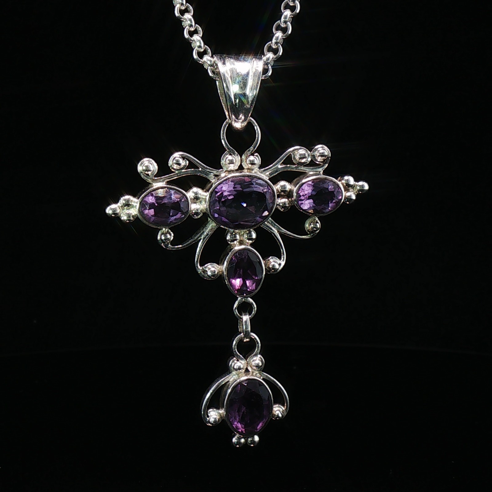 Elegant Silver Amethyst Cross Pendant Necklace 60cm Belcher Chain – E19991