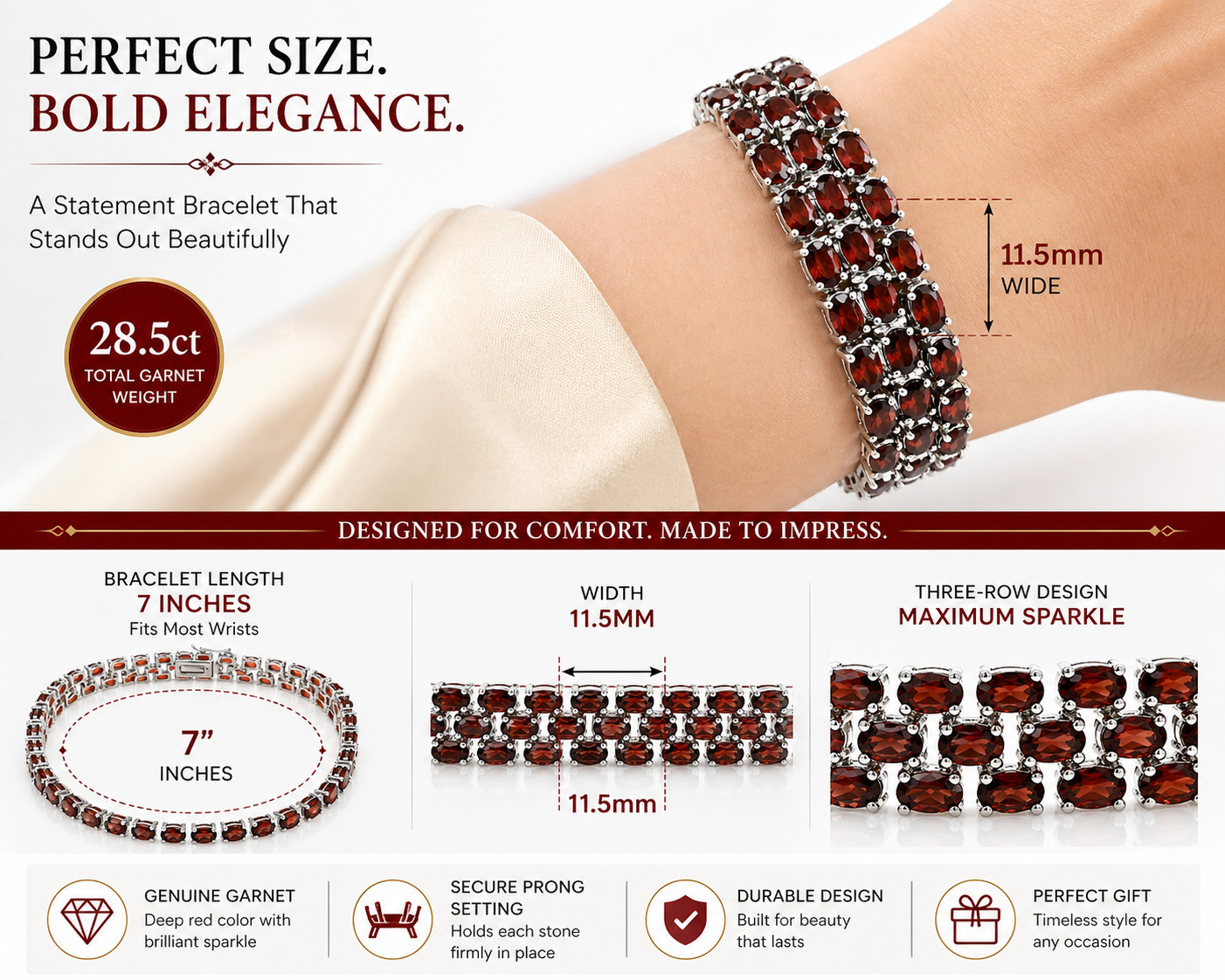 28.5ct Garnet Tennis Bracelet 3 Row Oval Red Gemstone Statement Jewelry 7Inches