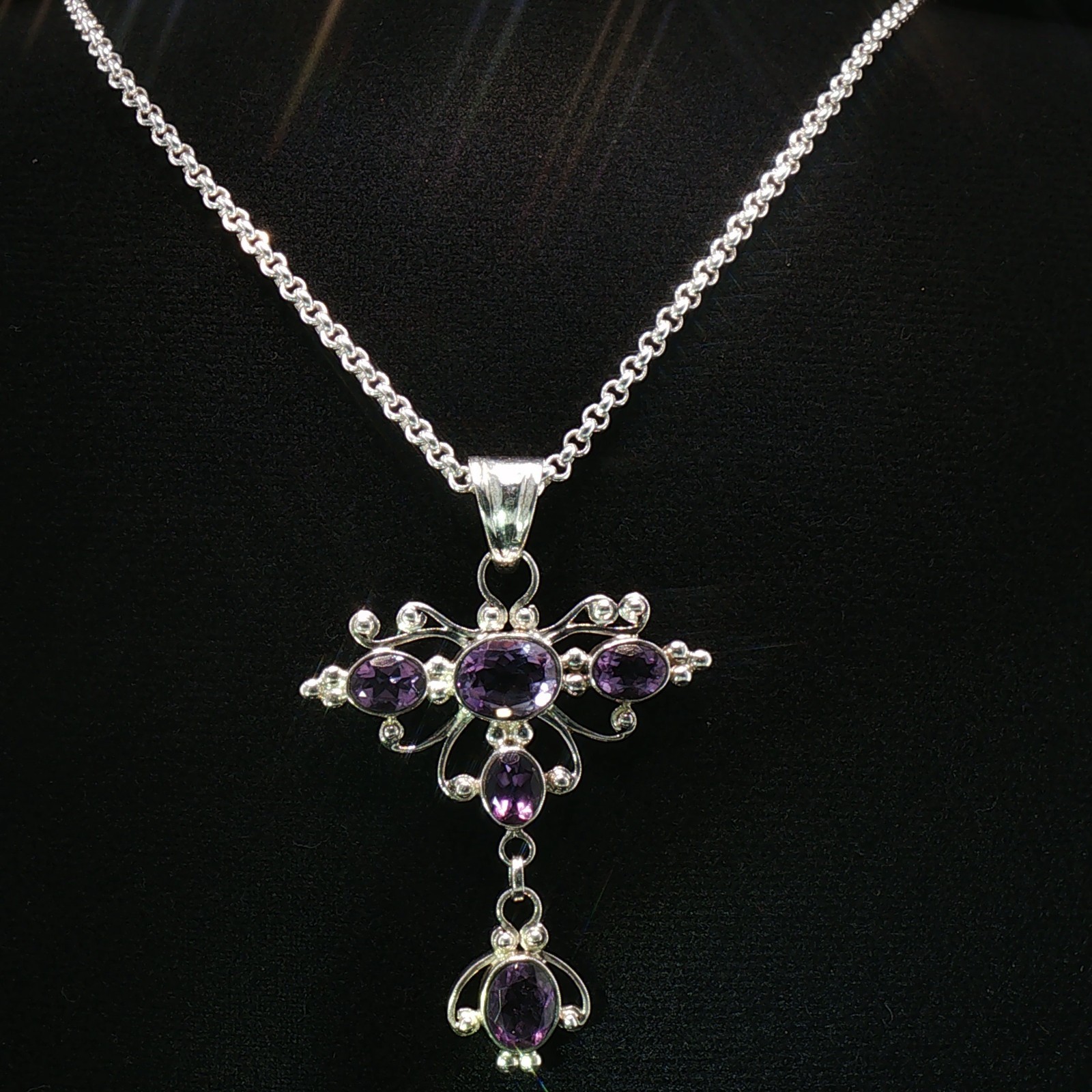 Elegant Silver Amethyst Cross Pendant Necklace 60cm Belcher Chain – E19991