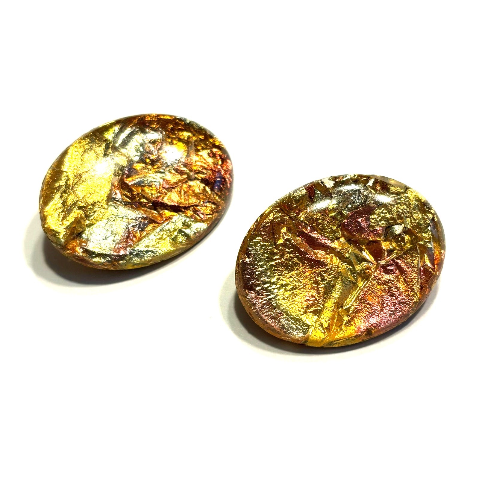 Foil backed Lucite scatter pins (2) oval shape brooches pair gold pink copper
