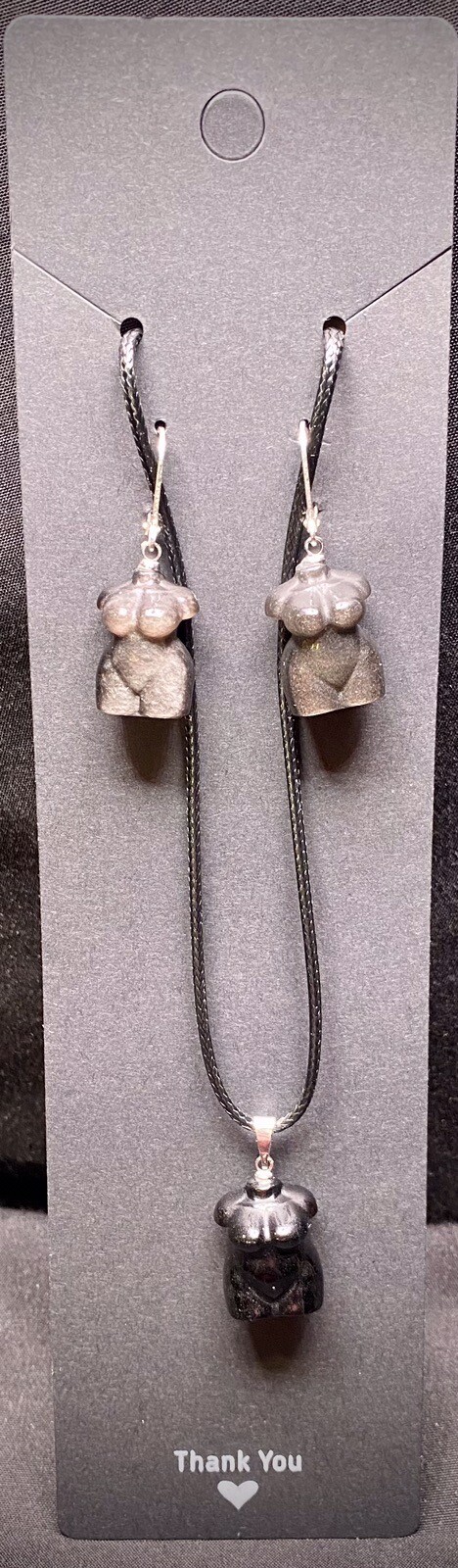 Silver Obsidian Female Bust Earring/Necklace Set