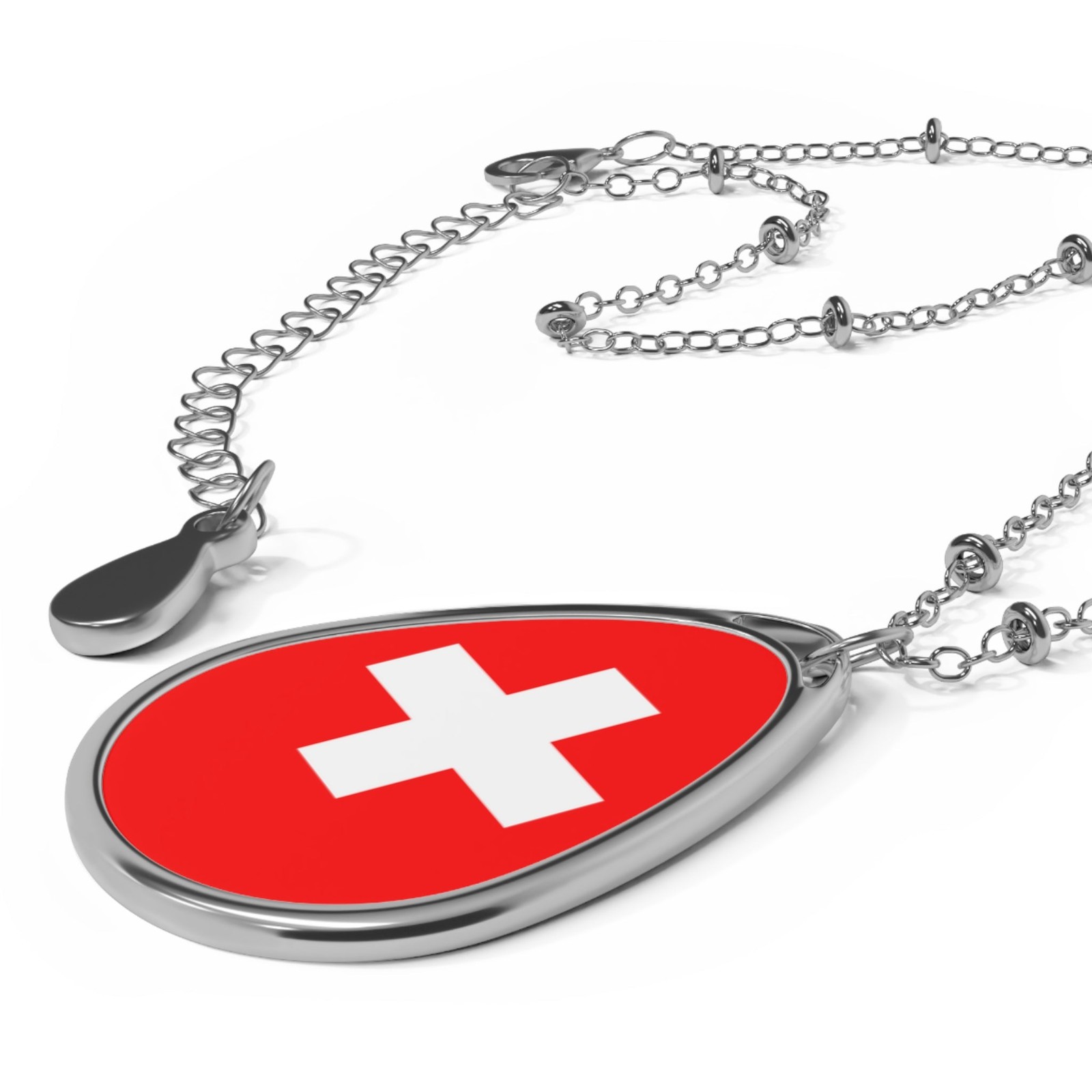 Switzerland Flag Oval Necklace – Classic Zinc Alloy Pendant – One Size /